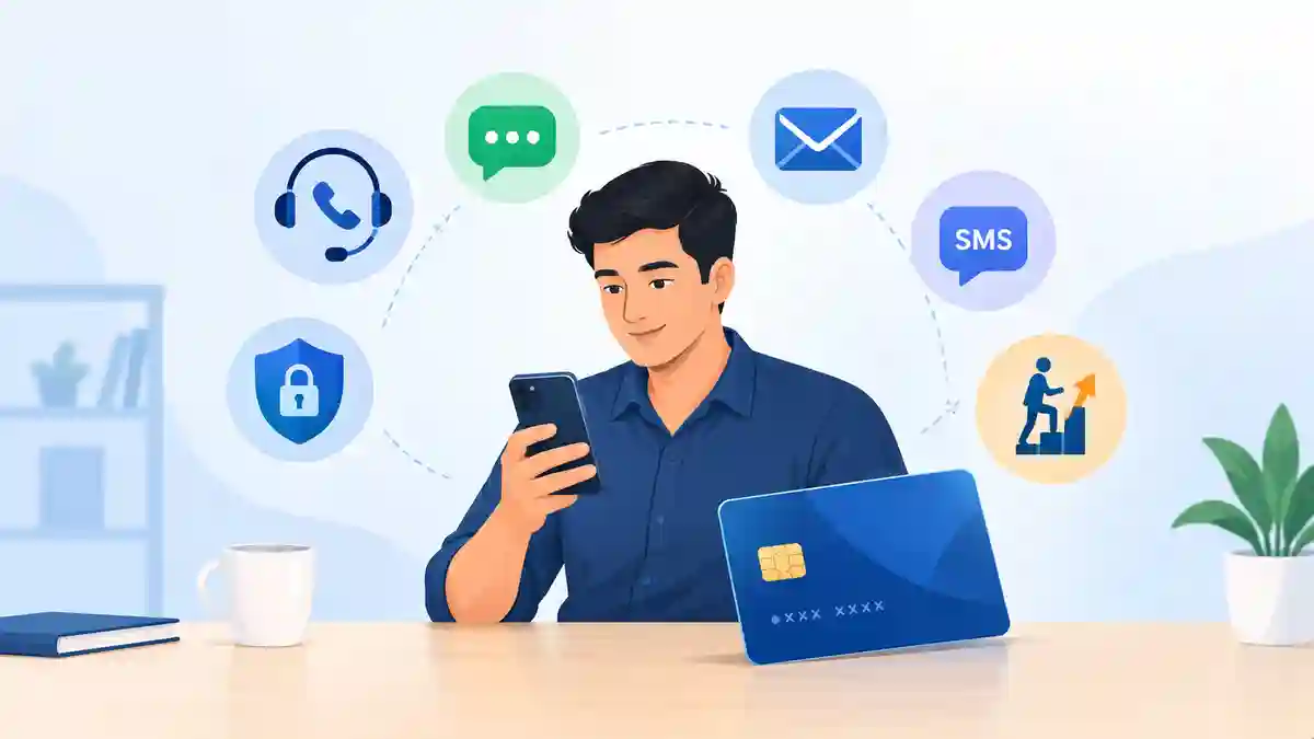 Illustration of a cardholder contacting SBI credit card customer care by phone, WhatsApp, email and SMS
