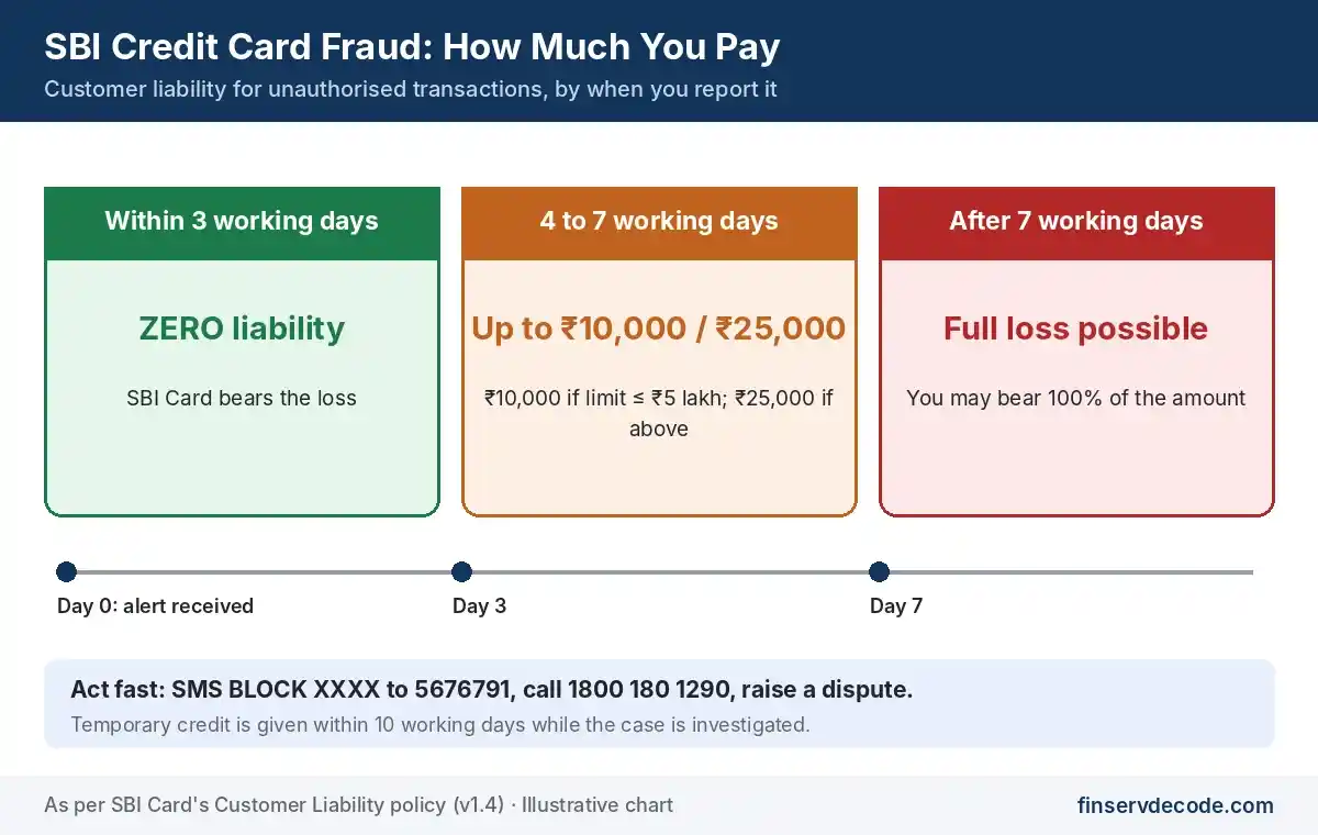 Timeline showing SBI credit card fraud liability: zero within 3 working days, limited for 4 to 7 days, full after 7 days