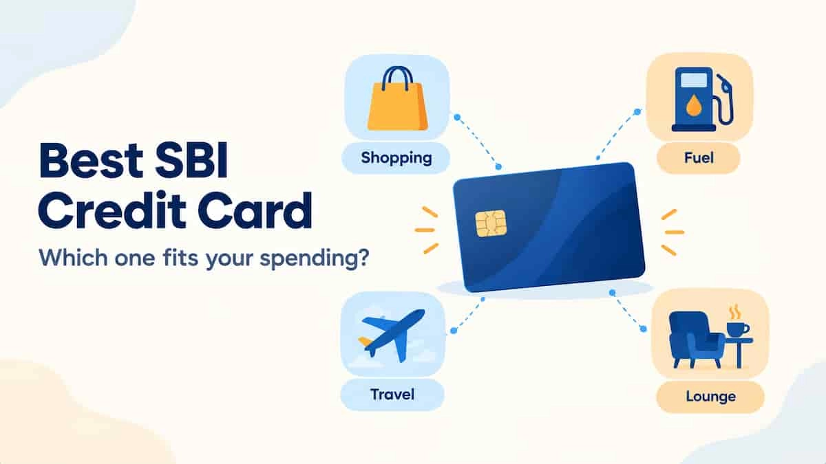 Best SBI credit cards comparison illustration showing a credit card linked to shopping, fuel, travel, and lounge benefits