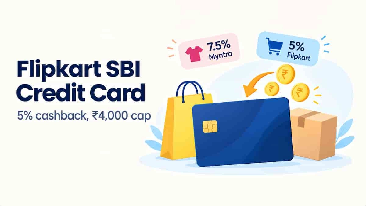 Flipkart SBI Credit Card illustration showing 5% Flipkart and 7.5% Myntra cashback flowing back to a credit card