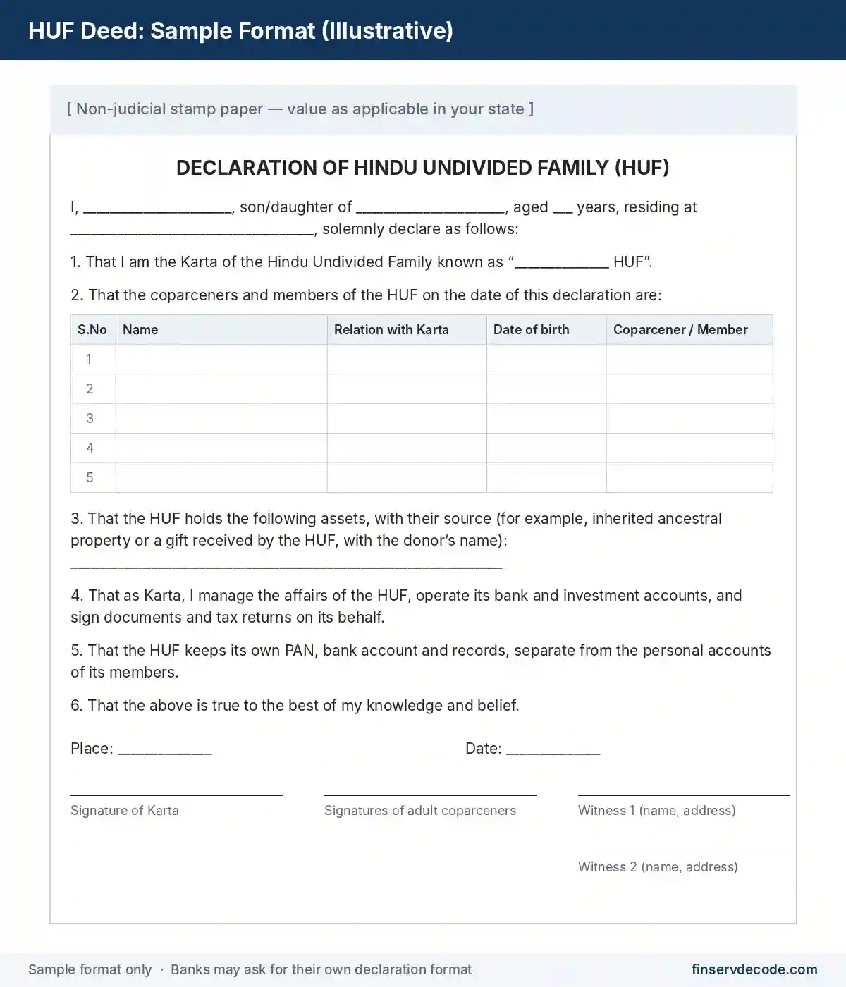 HUF Deed Format and Stamp Paper Illustration