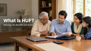 Indian joint family reviewing HUF documents together at home