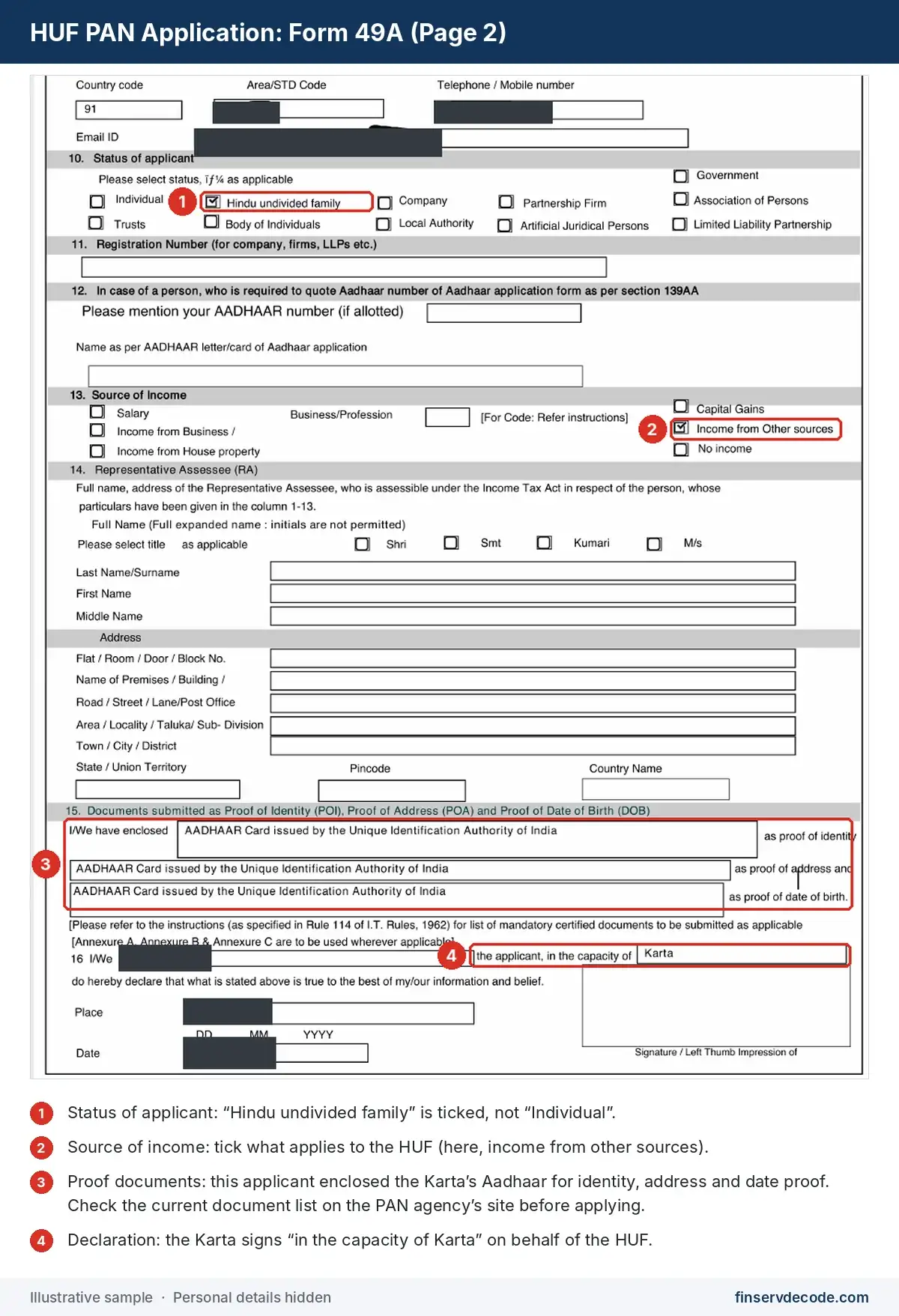 Form 49A page 2 showing HUF status and Karta declaration Illustration